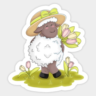 Kawaii Sheep Brings Beautiful Tulips Sticker